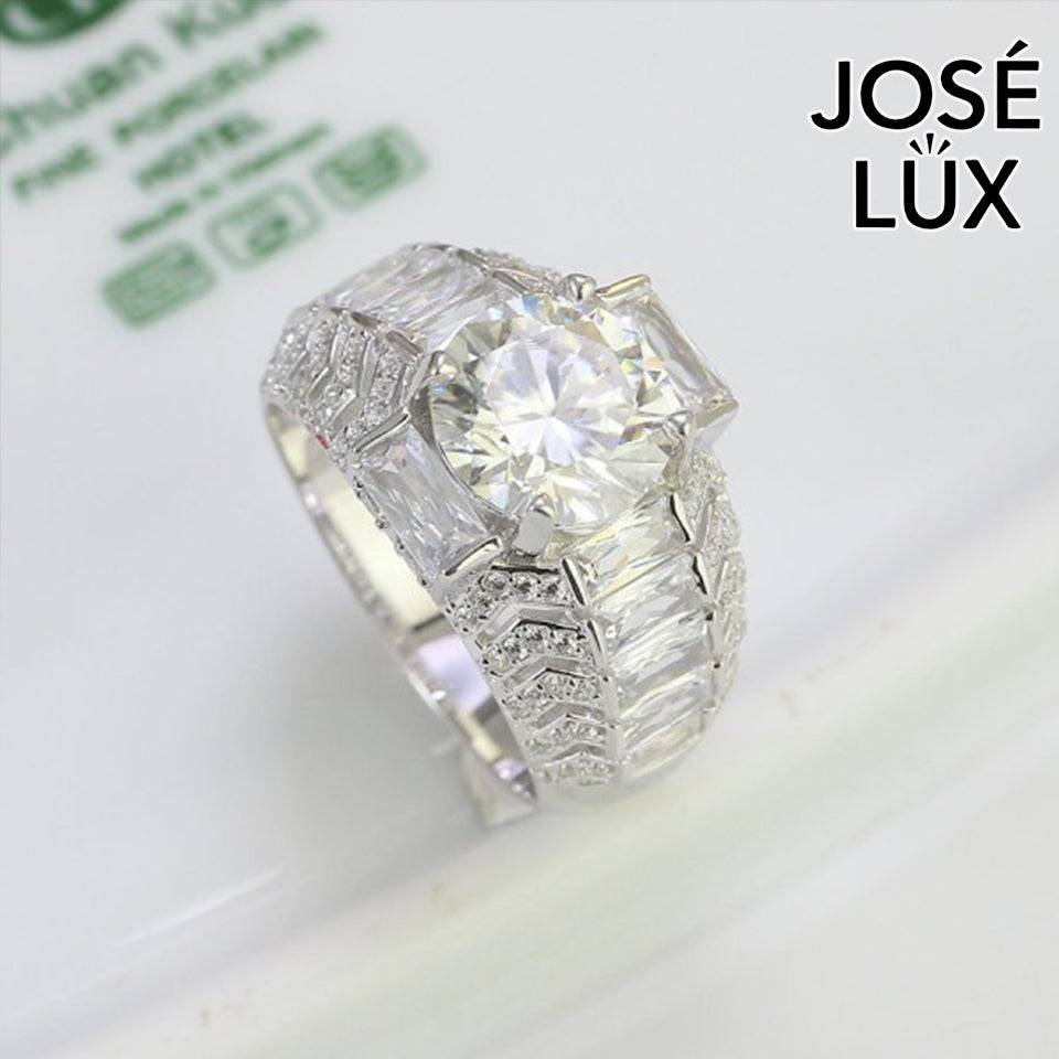 Handmade Men's Round Center Ring with Baguette Side Stones and Chevron Pavé — 925 Sterling Silver, Rhodium Plated White Gold Finish, Moissanite & CZ