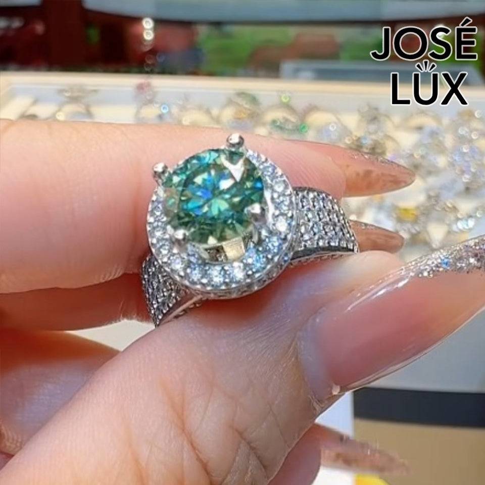 Handmade Green Moissanite Halo Ring — 925 Sterling Silver, Rhodium Plated White Gold Finish, GRA Moissanite