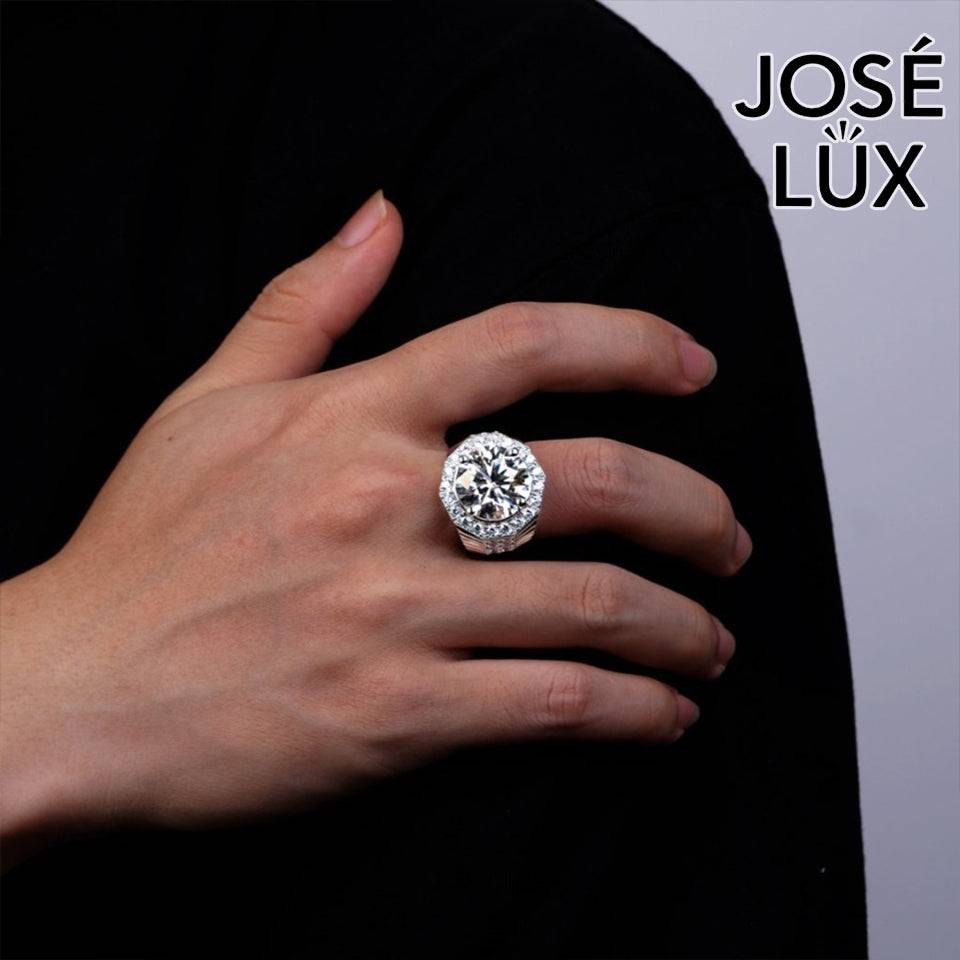 Handmade Men's Halo Ring — 925 Sterling Silver, Rhodium Plated White Gold Finish, 15mm White Moissanite & Swiss CZ Halo