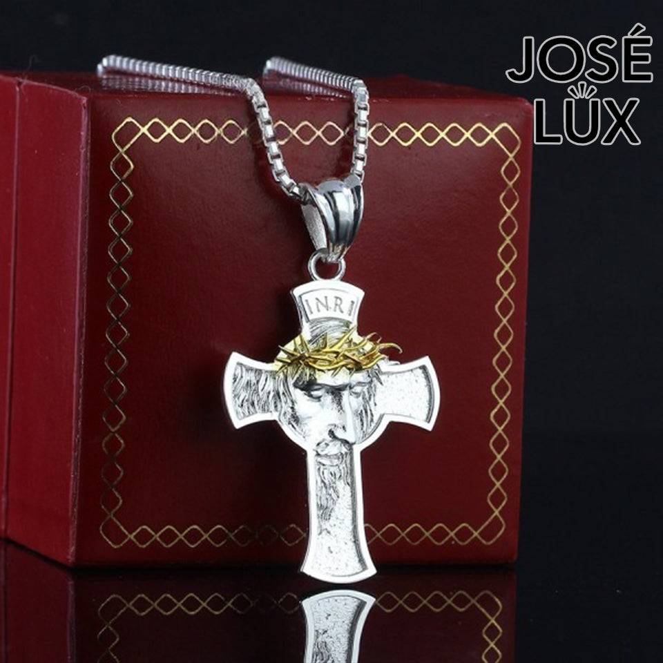 Handmade Jesus Face Cross Pendant Necklace for Men — 925 Sterling Silver, Two-Tone Gold Crown of Thorns, Rhodium Plated White Finish