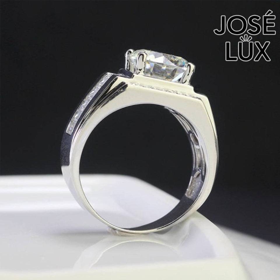 Handmade Men's Round Center Ring with Faceted Geometric Band — 925 Sterling Silver, Rhodium Plated White Gold Finish, Moissanite & CZ