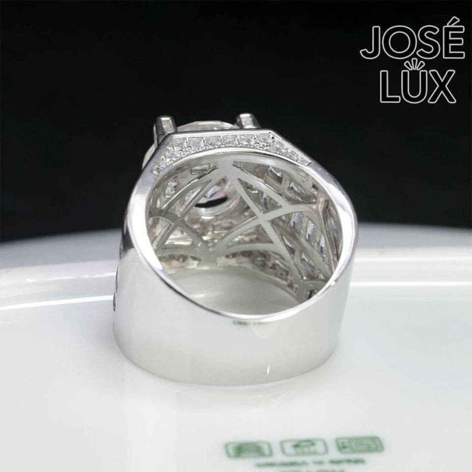 Handmade Men's Vertical Baguette Channel Set Ring — 925 Sterling Silver, Rhodium Plated White Gold Finish, 12mm Moissanite & CZ