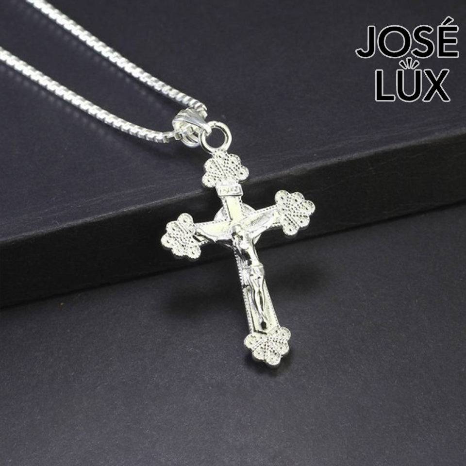 Handmade 925 Sterling Silver Crucifix Pendant Necklace for Men — Rhodium Plated White Gold Finish, Sculpted Jesus Corpus, Ornate Trefoil Arm Caps