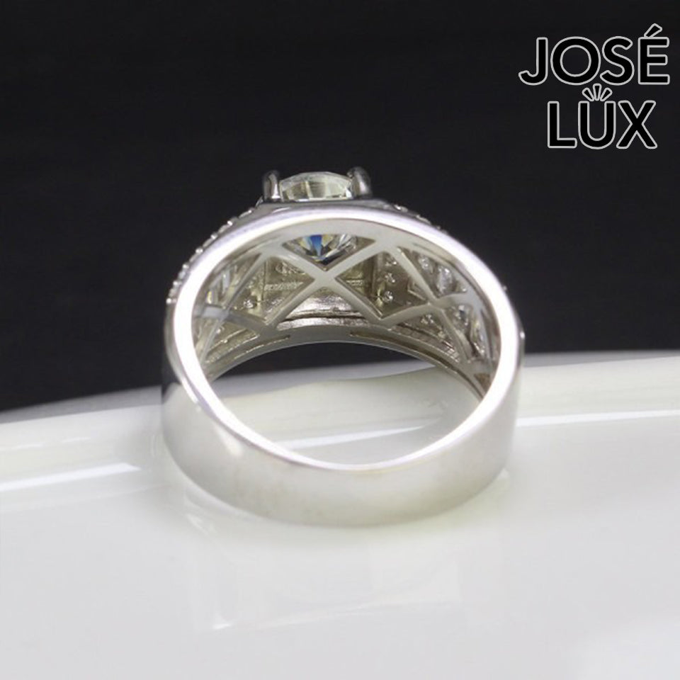 Handmade Men's Moissanite Baguette Shoulder Wide Band Ring — 925 Sterling Silver, Rhodium Plated White Gold Finish, GRA Moissanite