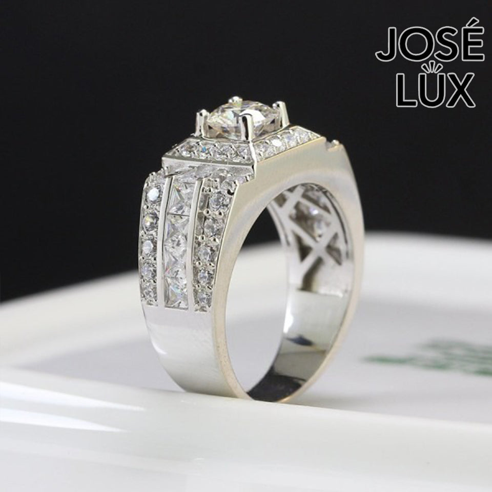 Handmade Men's Moissanite Halo Solitaire Ring — Princess Channel Band, 925 Sterling Silver, Rhodium Plated White Gold Finish