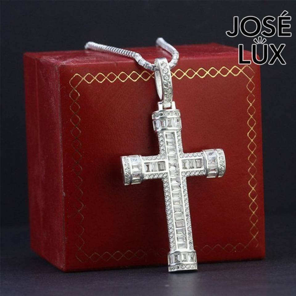 Handmade Iced Out Baguette Cross Pendant Necklace for Men — 925 Sterling Silver, Rhodium Plated White Gold Finish, Swiss CZ