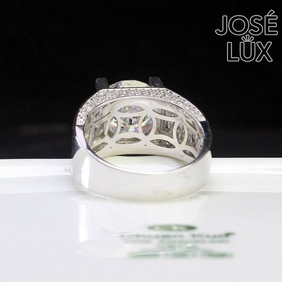 Handmade Men's Round Center Ring with Baguette Side Stones — 925 Sterling Silver, Rhodium Plated White Gold Finish, Moissanite & CZ