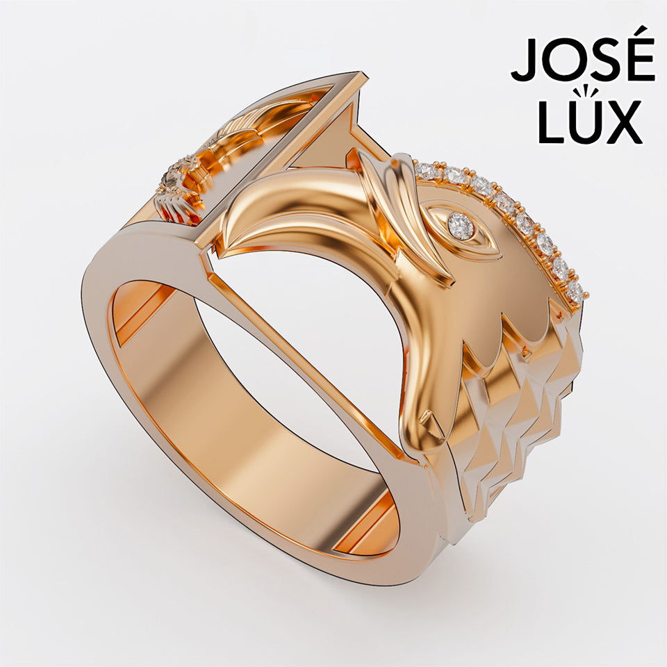 Handmade Eagle Head Signet Ring — 10K & 14K Gold, Full Moissanite Accents