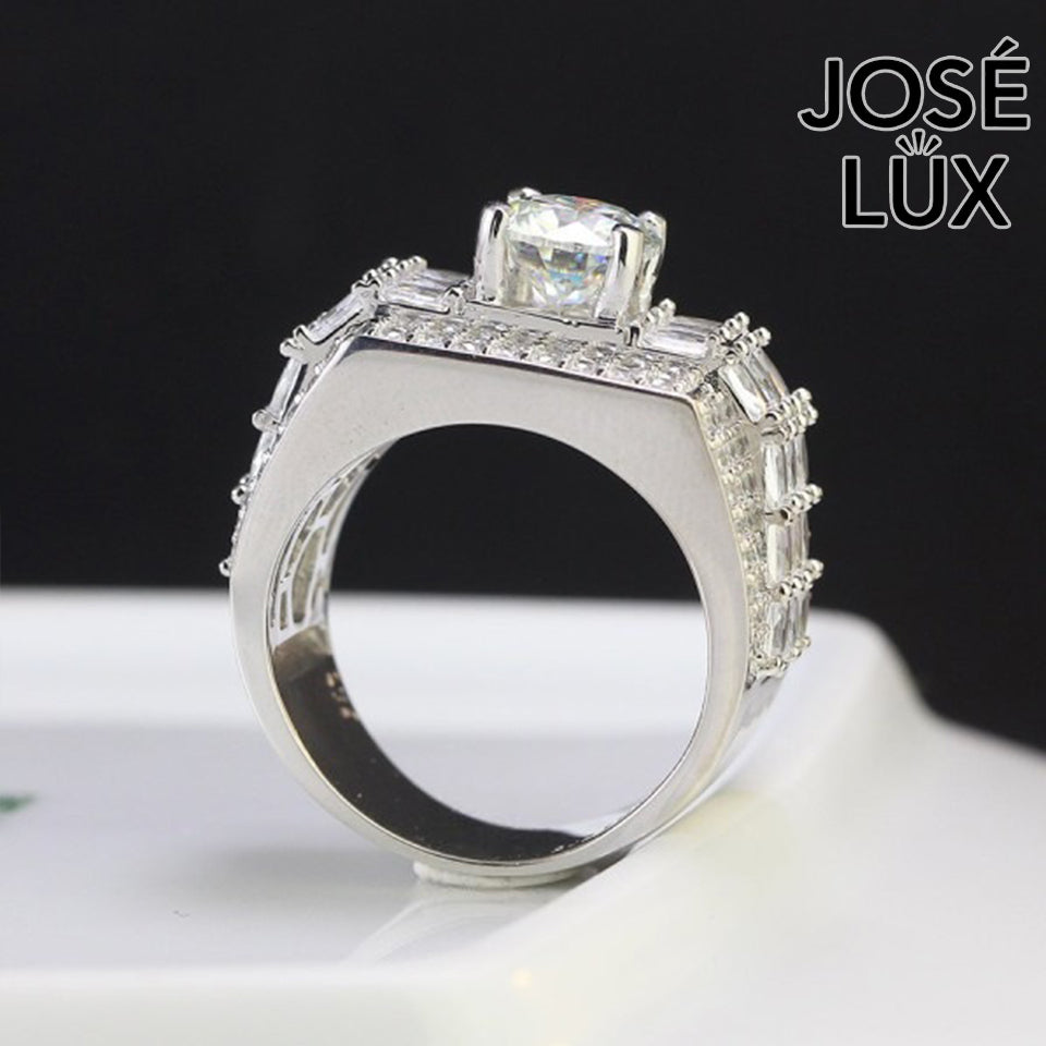Handmade Men's Moissanite Bust Down Ring — 925 Sterling Silver, Rhodium Plated White Gold Finish, 7.5mm Moissanite & Swiss CZ