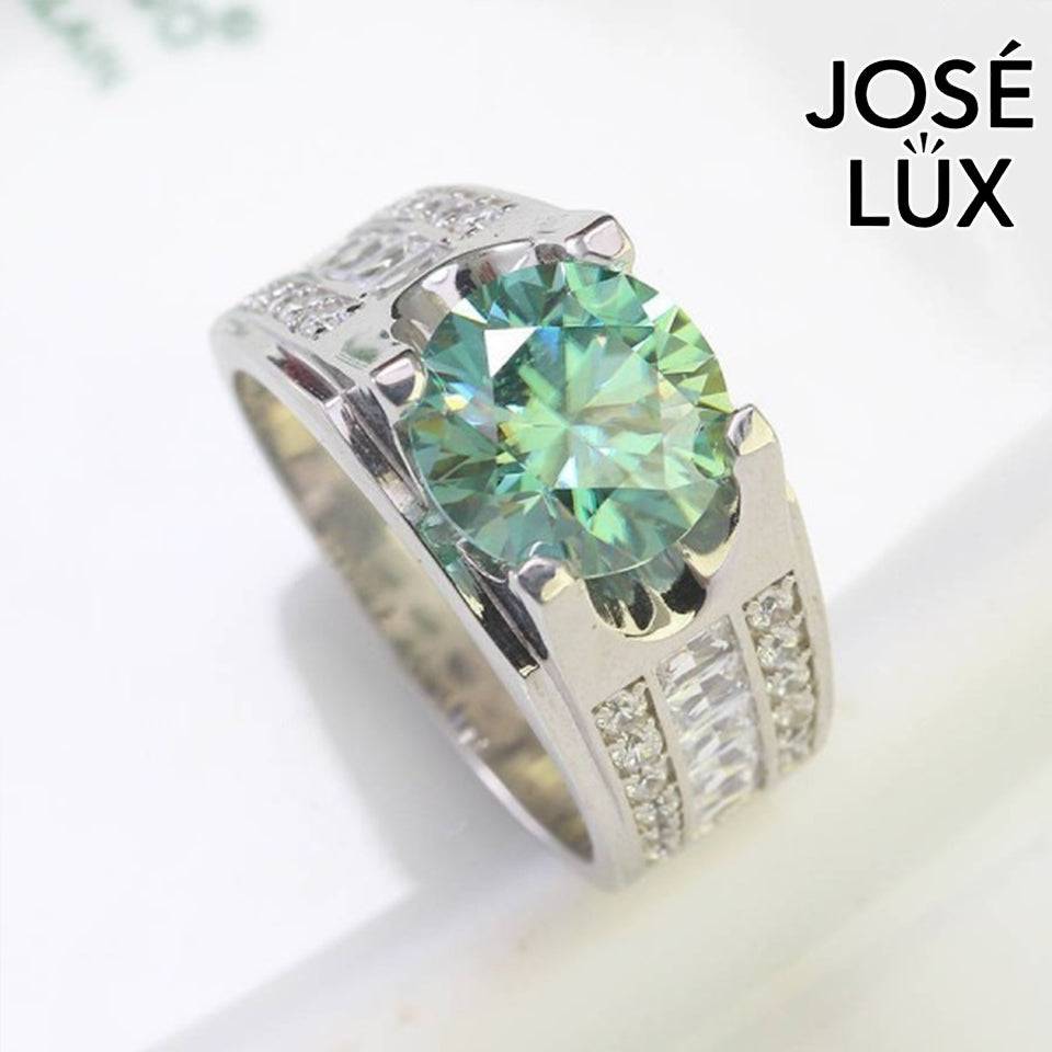 Handmade Men's Tension Setting Ring — 925 Sterling Silver, Rhodium Plated White Gold Finish, Green Moissanite & CZ
