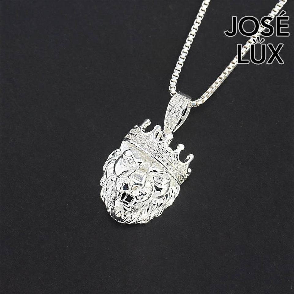 Handmade Lion King Crown Pendant Necklace for Men — 925 Sterling Silver, Rhodium Plated White Gold Finish, Swiss CZ