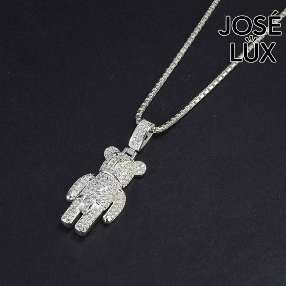 Handmade Iced Out Brick Bear Pendant Necklace for Men — 925 Sterling Silver, Rhodium Plated White Gold Finish, Swiss CZ