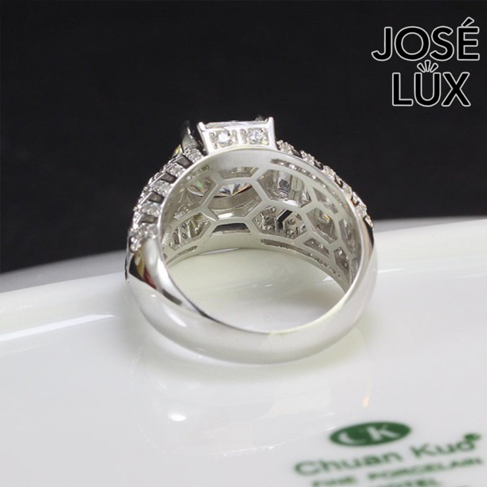 Handmade Men's Round Center Ring with Baguette Side Stones and Chevron Pavé — 925 Sterling Silver, Rhodium Plated White Gold Finish, Moissanite & CZ