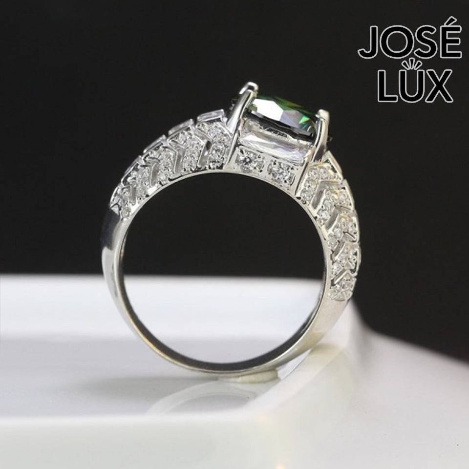 Handmade Men's Round Center Ring with Baguette Side Stones and Chevron Pavé — 925 Sterling Silver, Rhodium Plated White Gold Finish, Moissanite & CZ