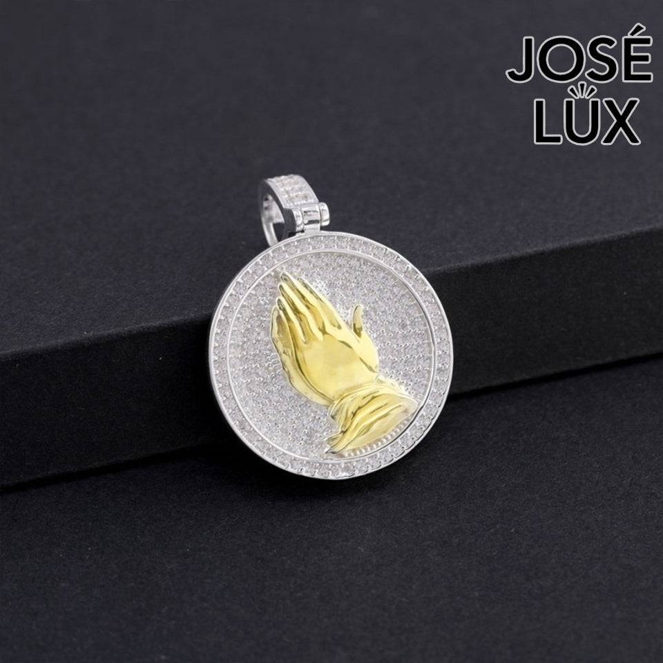 Handmade Iced Out Praying Hands Pendant Necklace for Men — 925 Sterling Silver, Two-Tone Gold & White Rhodium Finish, Swiss CZ