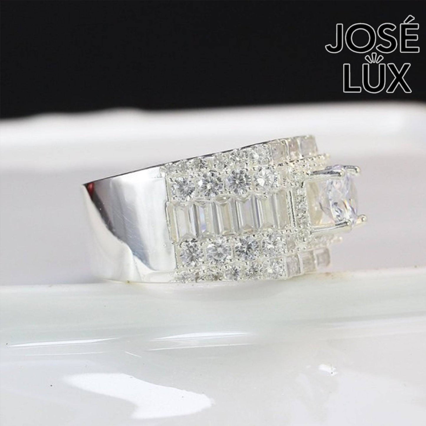 Handmade Men’s Wide-Band Baguette CZ Ring — 925 Sterling Silver, Rhodium Plated White Gold Finish, Swiss-Certified CZ