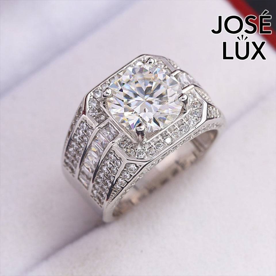 Handmade Men's Square Halo Ring with Baguette Channel — 925 Sterling Silver, Rhodium Plated White Gold Finish, Moissanite & CZ