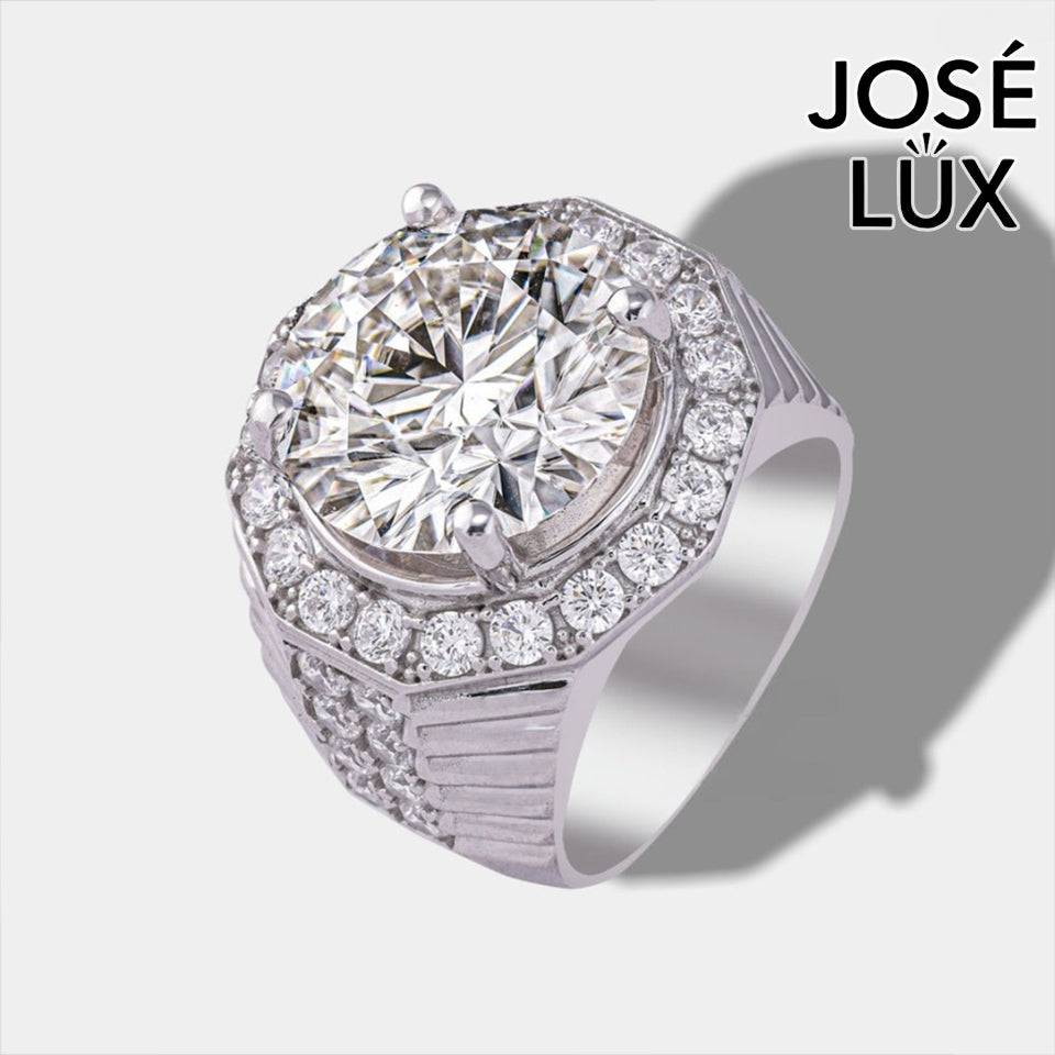 Handmade Men's Halo Ring — 925 Sterling Silver, Rhodium Plated White Gold Finish, 15mm White Moissanite & Swiss CZ Halo