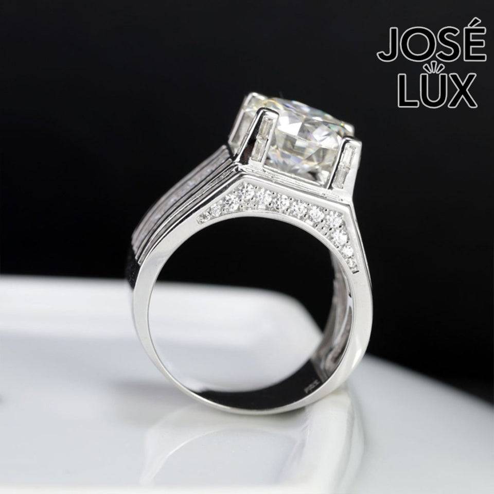Handmade Men's Vertical Baguette Channel Set Ring — 925 Sterling Silver, Rhodium Plated White Gold Finish, 12mm Moissanite & CZ