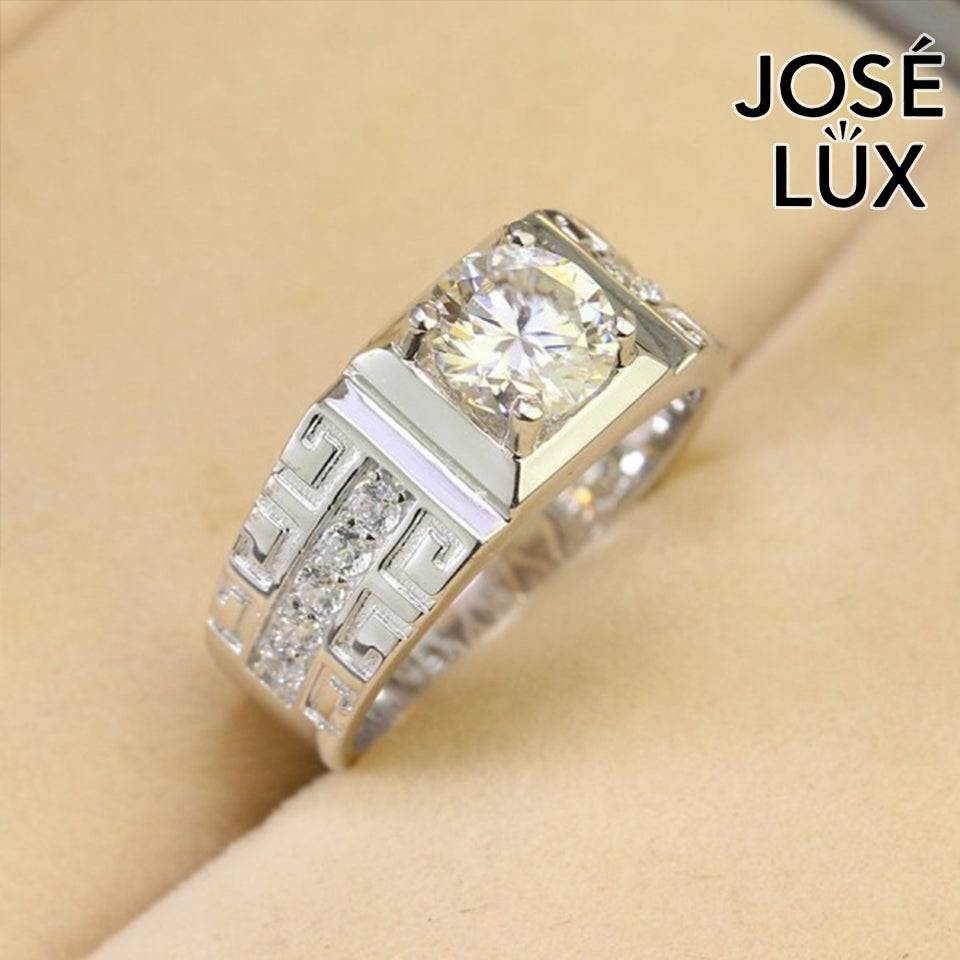 Handmade Men’s Greek Key Solitaire Ring — 925 Sterling Silver, Rhodium Plated White Gold Finish, GRA Moissanite