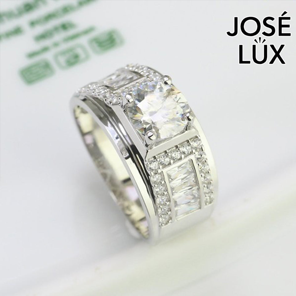 Handmade Men's Moissanite Baguette Shoulder Wide Band Ring — 925 Sterling Silver, Rhodium Plated White Gold Finish, GRA Moissanite