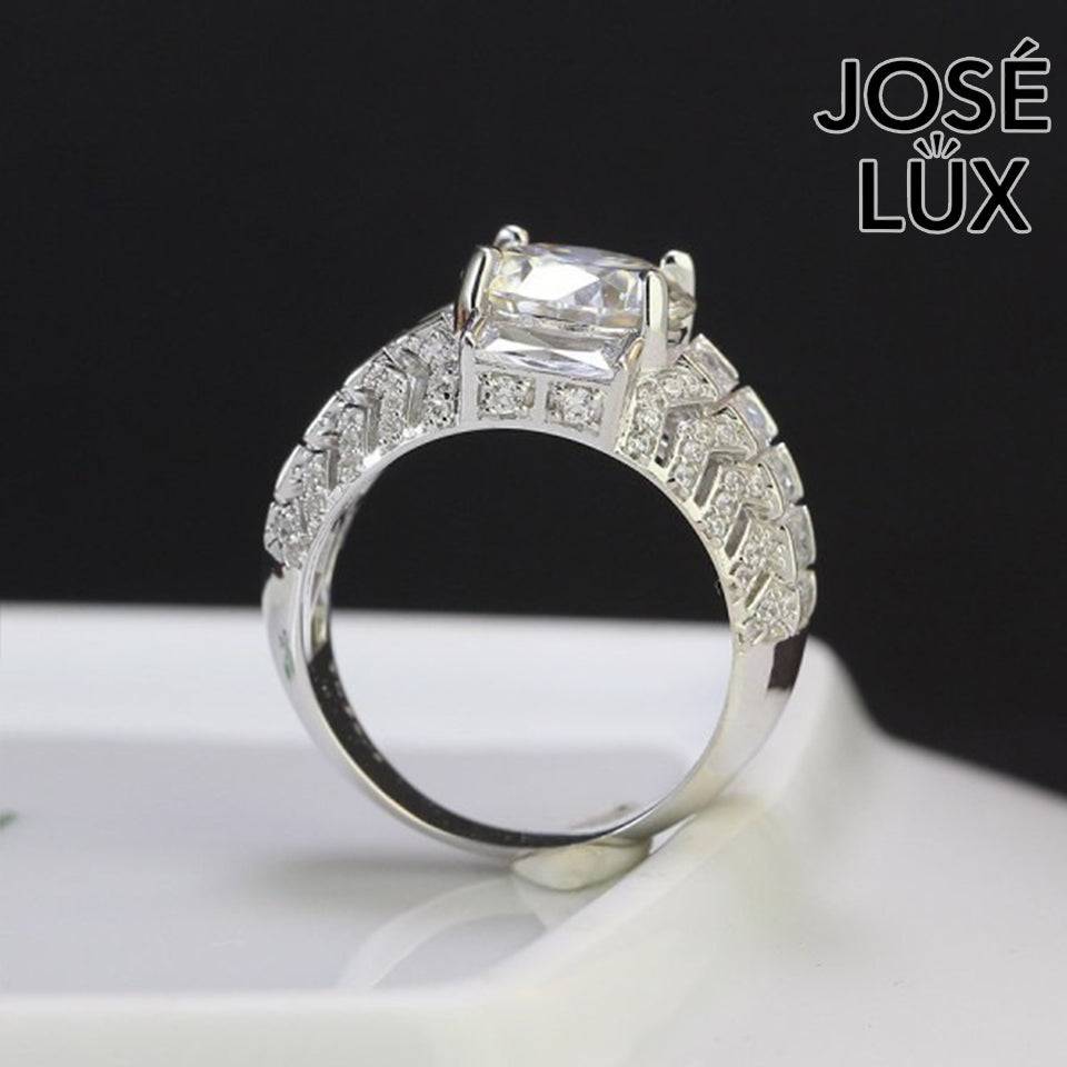 Handmade Men's Round Center Ring with Baguette Side Stones and Chevron Pavé — 925 Sterling Silver, Rhodium Plated White Gold Finish, Moissanite & CZ