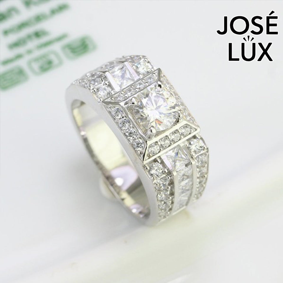 Handmade Men's Moissanite Halo Solitaire Ring — Princess Channel Band, 925 Sterling Silver, Rhodium Plated White Gold Finish
