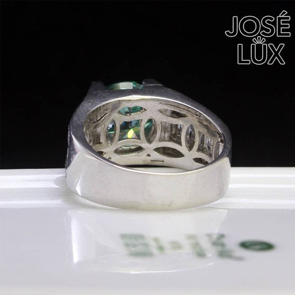 Handmade Men's Tension Setting Ring — 925 Sterling Silver, Rhodium Plated White Gold Finish, Green Moissanite & CZ