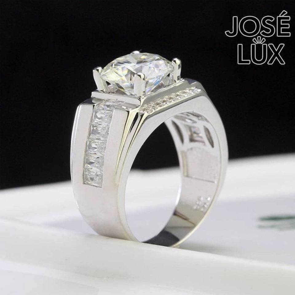 Handmade Men's Round Center Ring with Faceted Geometric Band — 925 Sterling Silver, Rhodium Plated White Gold Finish, Moissanite & CZ
