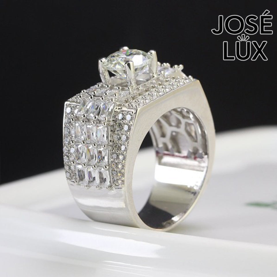 Handmade Men's Moissanite Bust Down Ring — 925 Sterling Silver, Rhodium Plated White Gold Finish, 7.5mm Moissanite & Swiss CZ