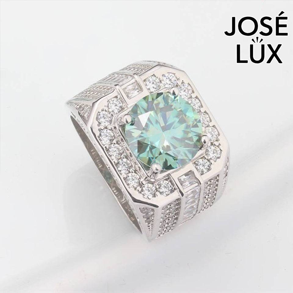 Handmade Men's Round Center Halo Ring with Baguette Side Stones — 925 Sterling Silver, Rhodium Plated White Gold Finish, Blue-Green Moissanite & CZ