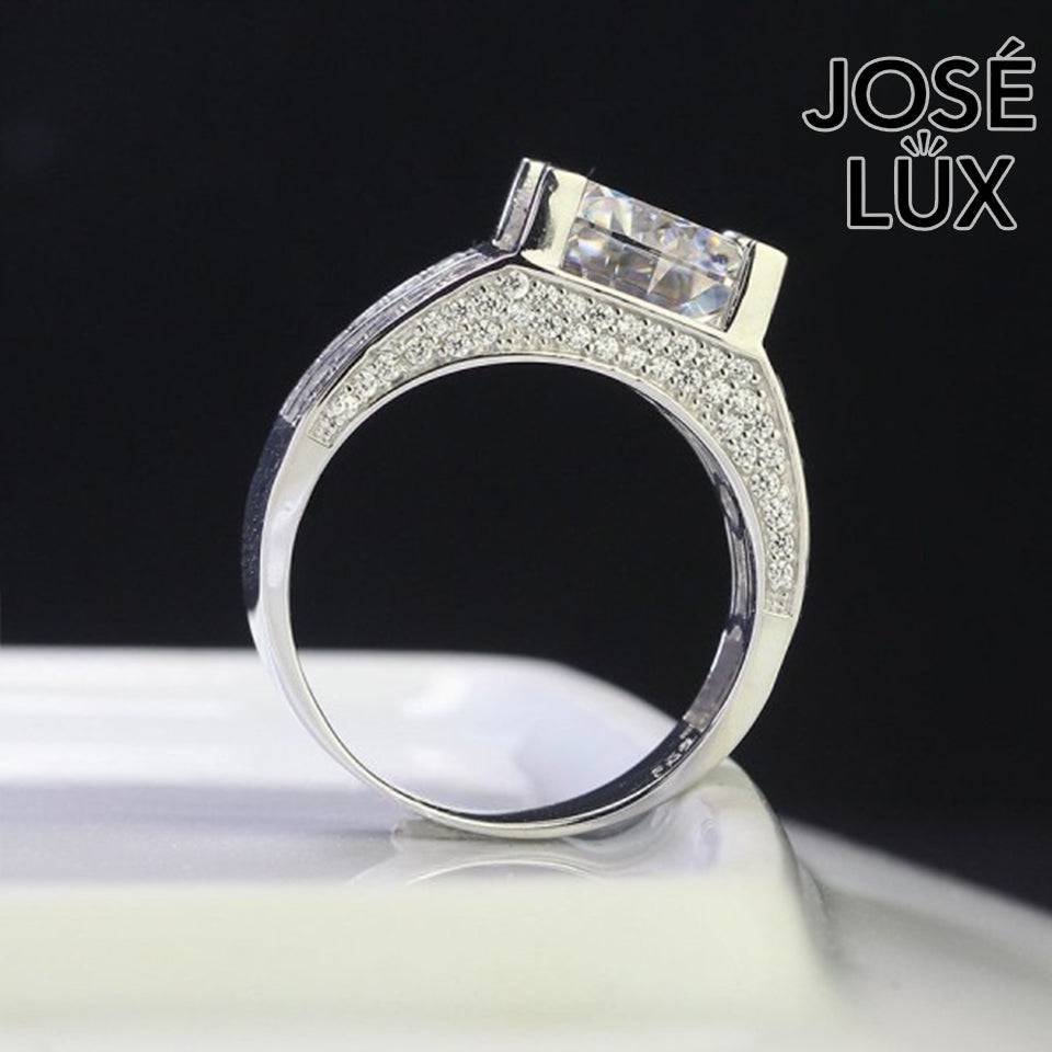 Handmade Men's Round Center Ring with Baguette Side Stones — 925 Sterling Silver, Rhodium Plated White Gold Finish, Moissanite & CZ