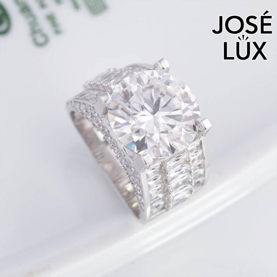 Handmade Men's Baguette Channel Set Ring — 925 Sterling Silver, Rhodium Plated White Gold Finish, 14mm Moissanite & CZ