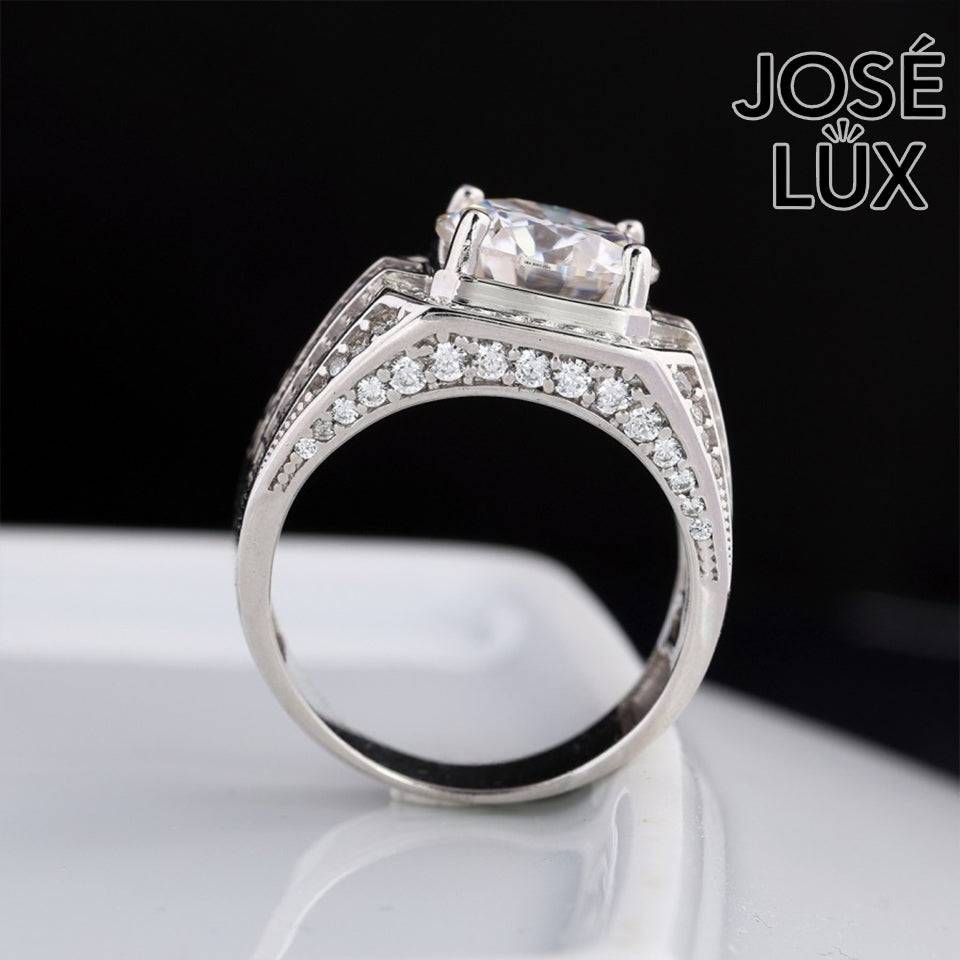 Handmade Men's Square Halo Ring with Baguette Channel — 925 Sterling Silver, Rhodium Plated White Gold Finish, Moissanite & CZ