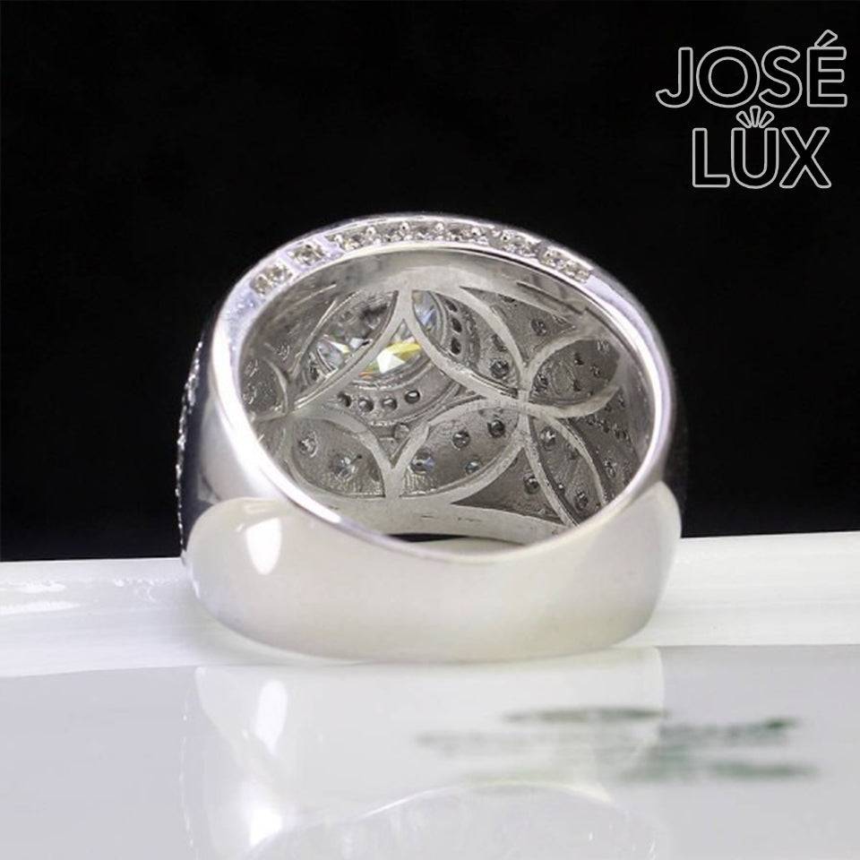 Handmade Men's Round Center Ring with Full Pavé Halo — 925 Sterling Silver, Rhodium Plated White Gold Finish, Blue-Green Moissanite & CZ