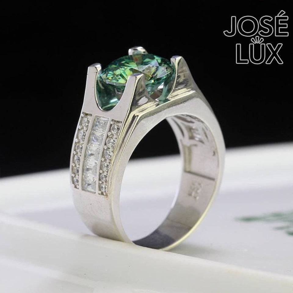 Handmade Men's Tension Setting Ring — 925 Sterling Silver, Rhodium Plated White Gold Finish, Green Moissanite & CZ