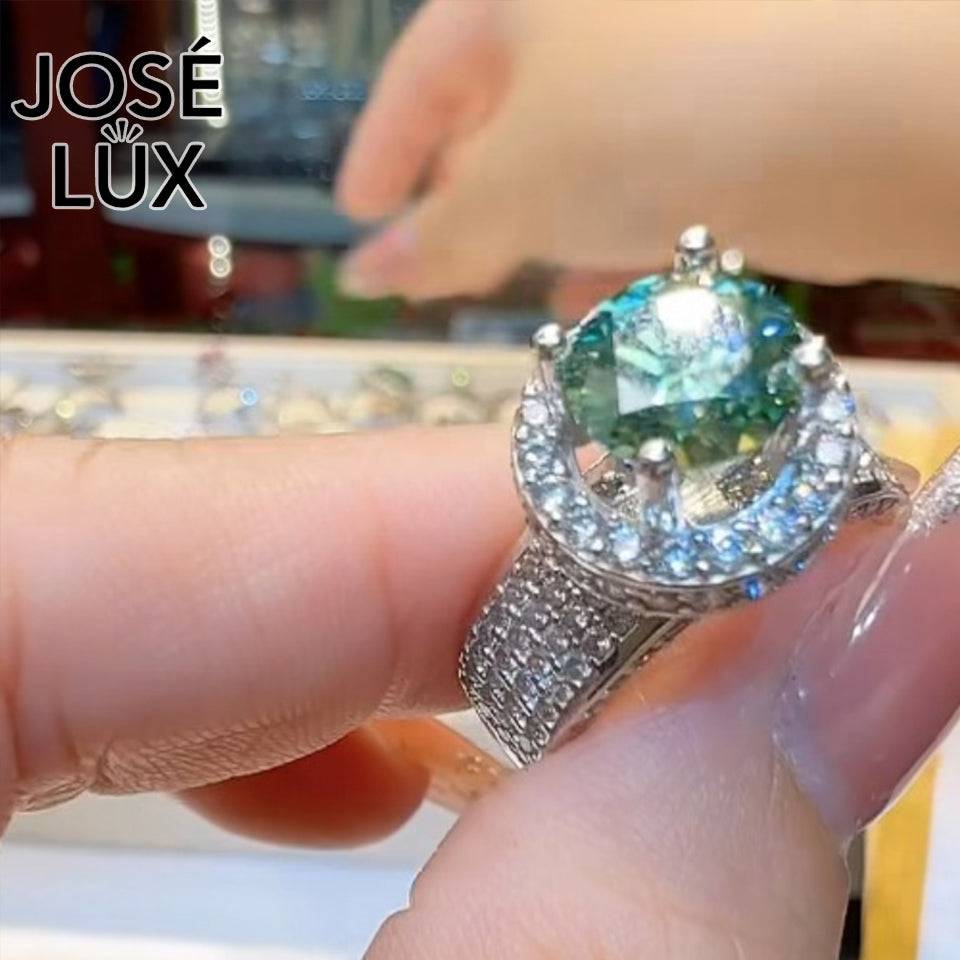 Handmade Green Moissanite Halo Ring — 925 Sterling Silver, Rhodium Plated White Gold Finish, GRA Moissanite