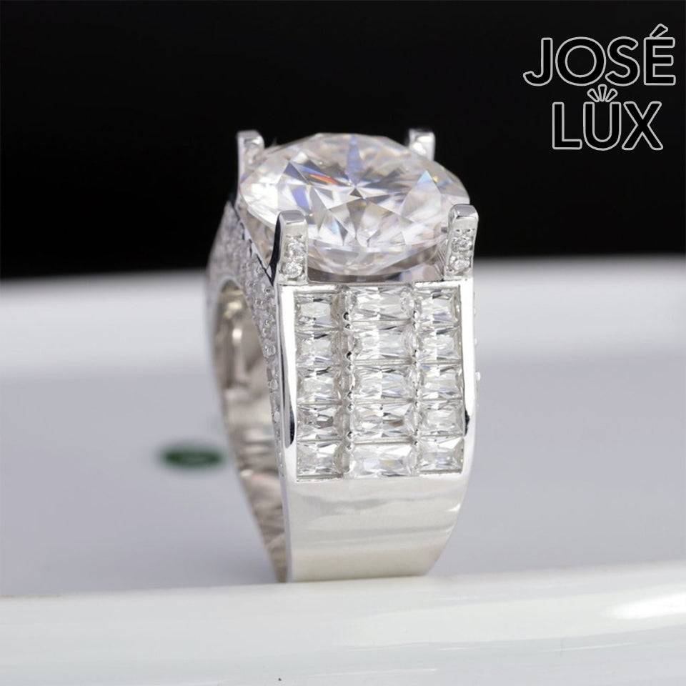 Handmade Men's Baguette Channel Set Ring — 925 Sterling Silver, Rhodium Plated White Gold Finish, 14mm Moissanite & CZ