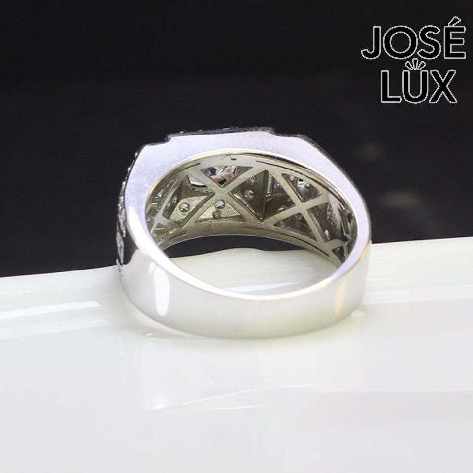 Handmade Men's Moissanite Halo Solitaire Ring — Princess Channel Band, 925 Sterling Silver, Rhodium Plated White Gold Finish
