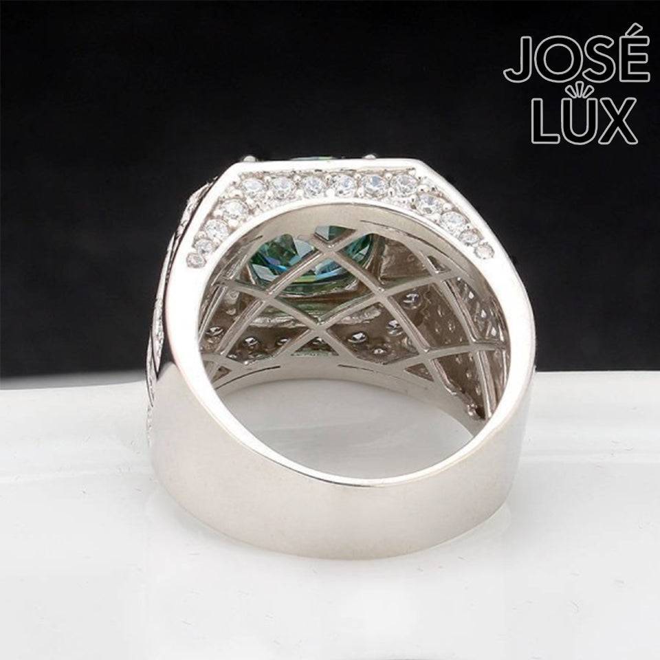 Handmade Men's Round Center Halo Ring with Baguette Side Stones — 925 Sterling Silver, Rhodium Plated White Gold Finish, Blue-Green Moissanite & CZ