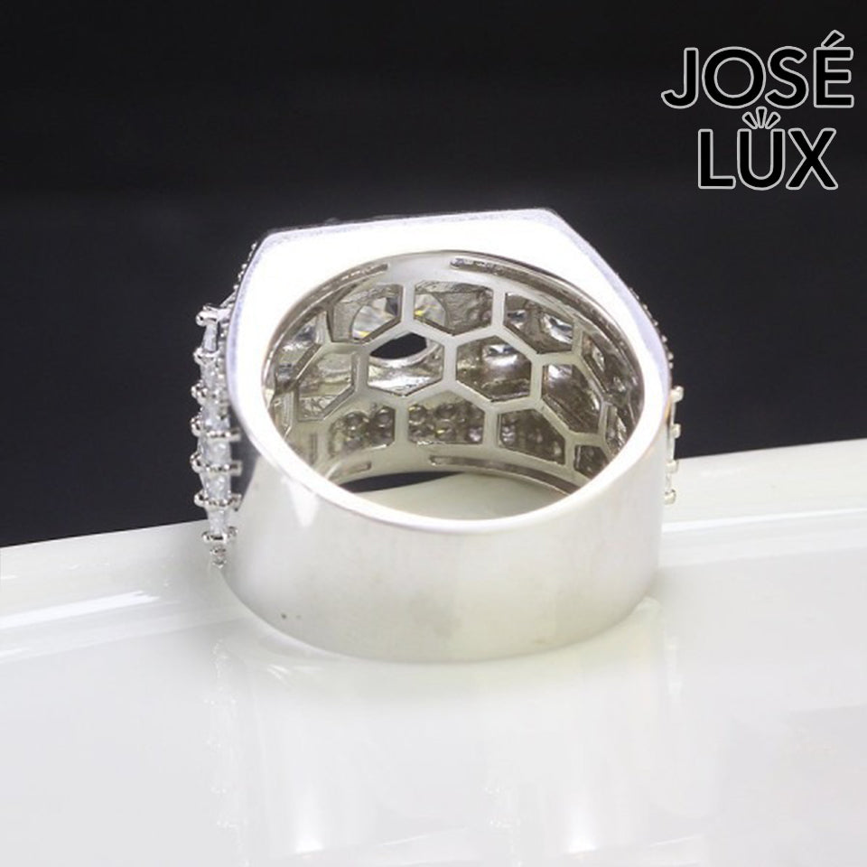 Handmade Men's Moissanite Bust Down Ring — 925 Sterling Silver, Rhodium Plated White Gold Finish, 7.5mm Moissanite & Swiss CZ