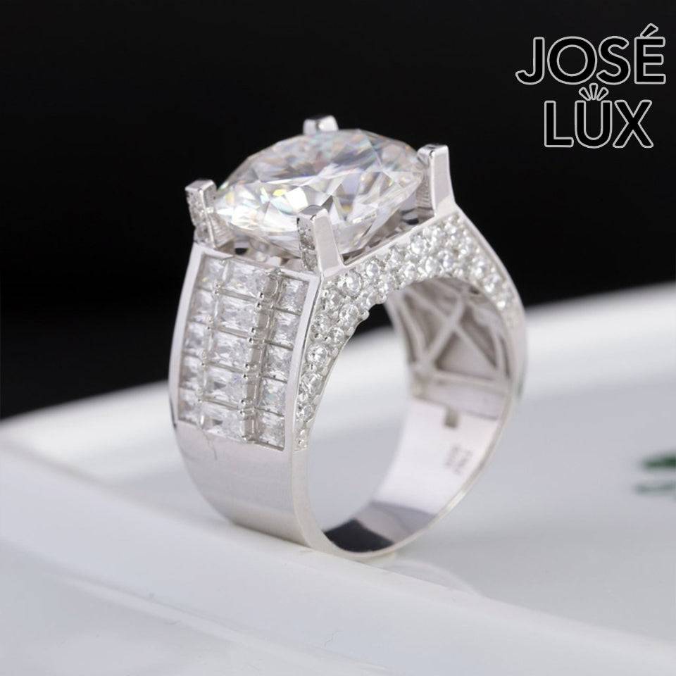 Handmade Men's Baguette Channel Set Ring — 925 Sterling Silver, Rhodium Plated White Gold Finish, 14mm Moissanite & CZ
