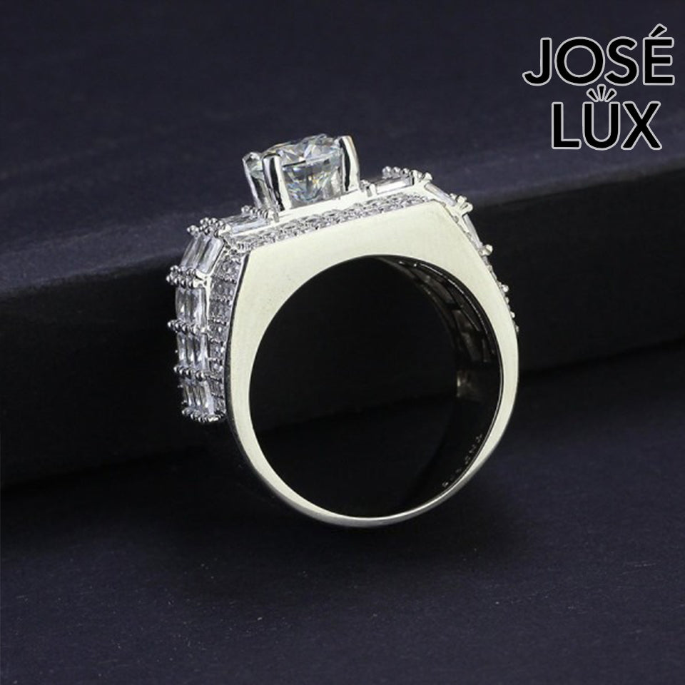 Handmade Men's Moissanite Bust Down Ring — 925 Sterling Silver, Rhodium Plated White Gold Finish, 7.5mm Moissanite & Swiss CZ