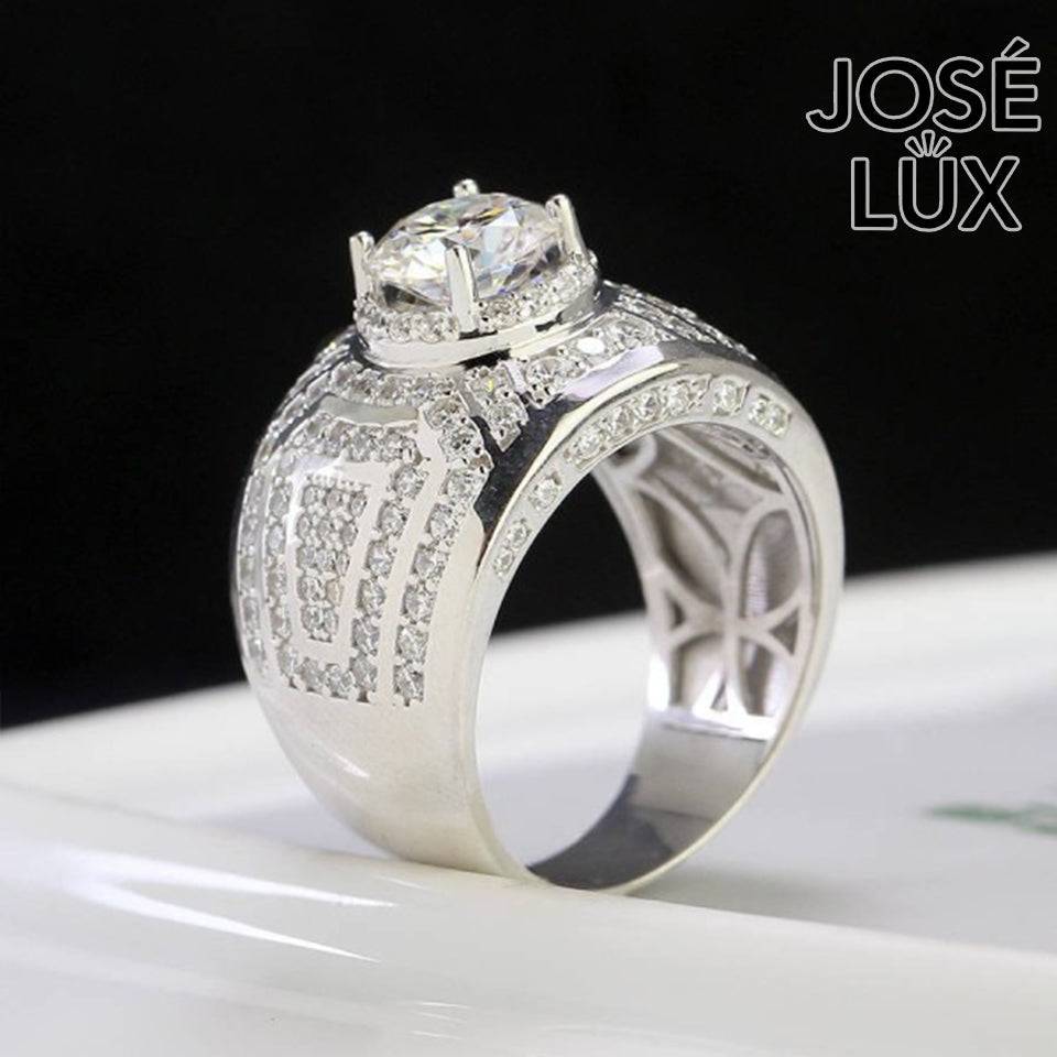 Handmade Men's Round Center Ring with Full Pavé Halo — 925 Sterling Silver, Rhodium Plated White Gold Finish, Blue-Green Moissanite & CZ