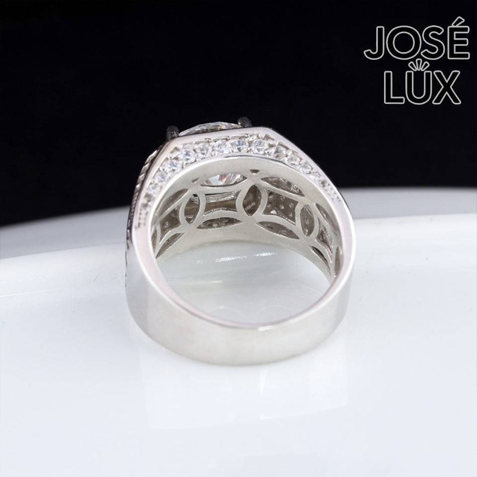 Handmade Men's Square Halo Ring with Baguette Channel — 925 Sterling Silver, Rhodium Plated White Gold Finish, Moissanite & CZ