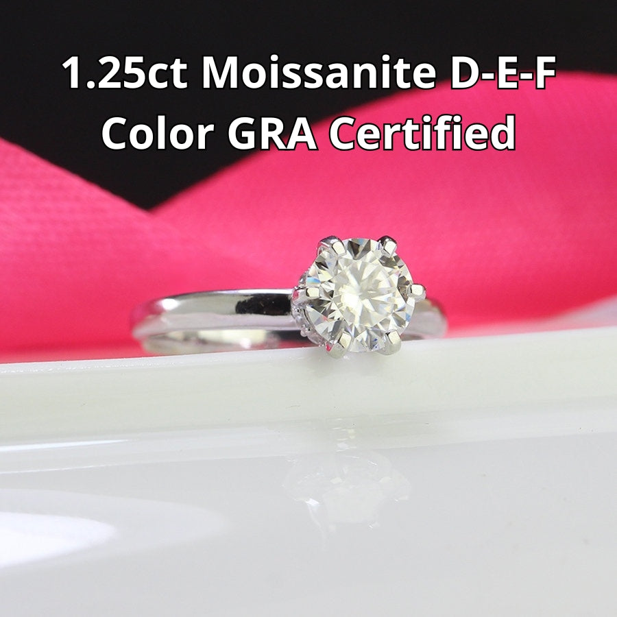 Traditional solitaire setting highlights brilliant round moissanite on a sleek silver band for timeless sophistication and everyday wearability.