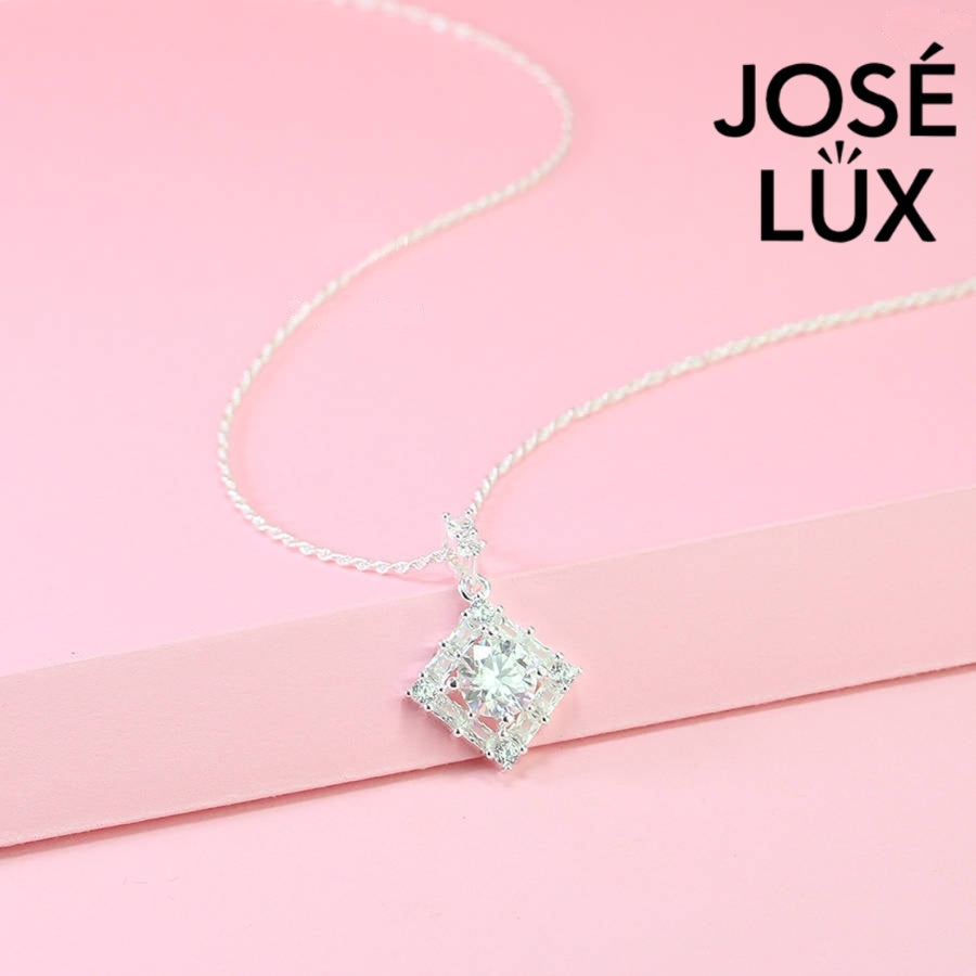 Bold 1.2ct princess cut moissanite diamond shape halo pendant features striking geometric design with diagonal setting, impeccably finished in gleaming sterling silver.