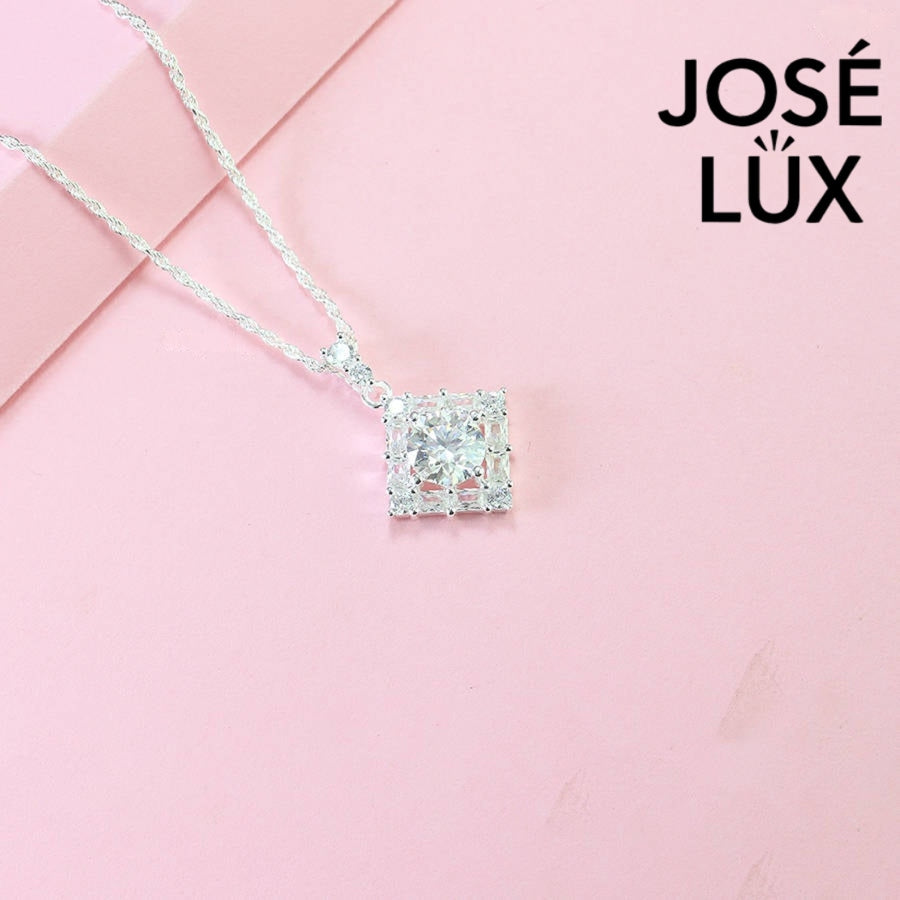 Bold 1.2ct princess cut moissanite diamond shape halo pendant features striking geometric design with diagonal setting, impeccably finished in gleaming sterling silver.