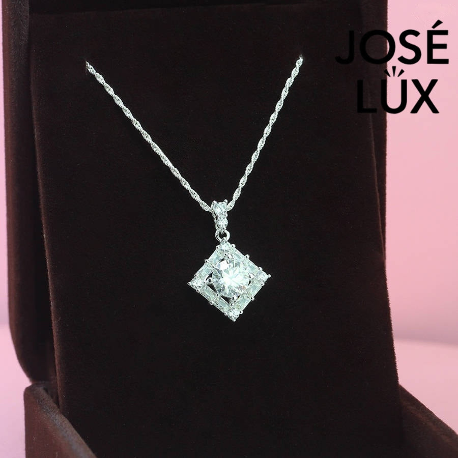 Bold 1.2ct princess cut moissanite diamond shape halo pendant features striking geometric design with diagonal setting, impeccably finished in gleaming sterling silve