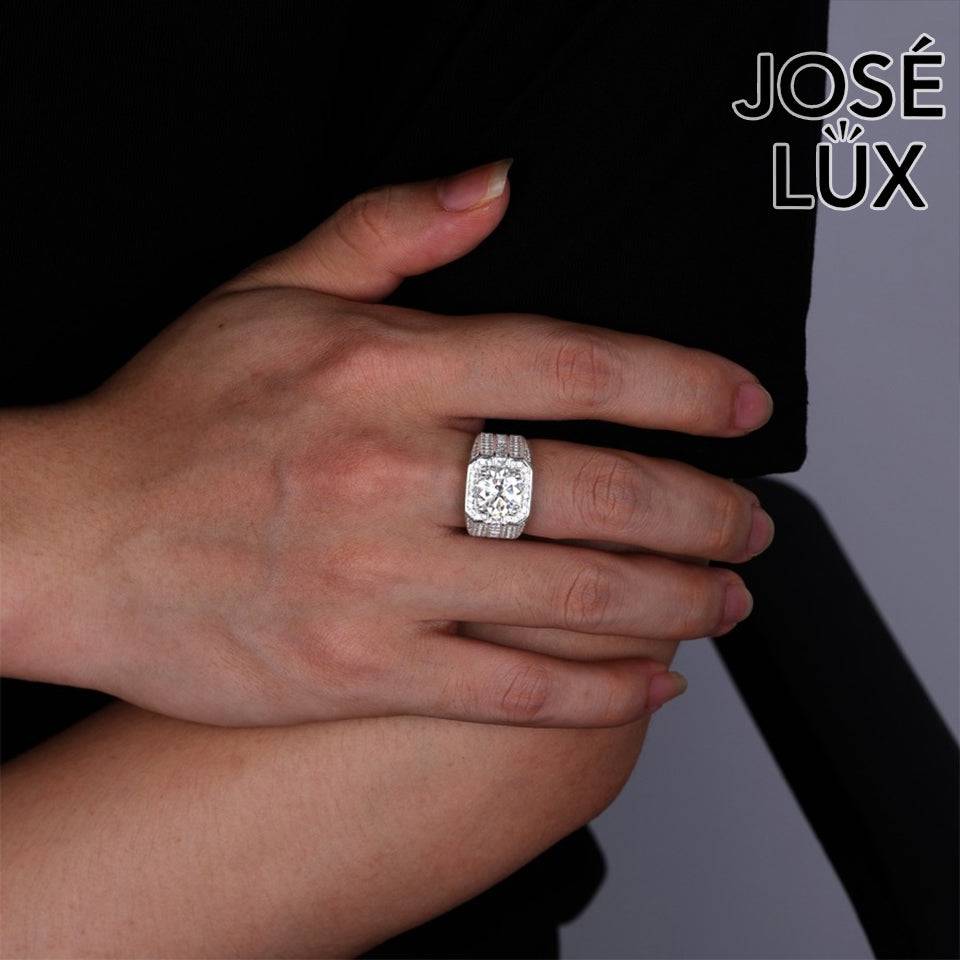 Handmade Men's Square Halo Ring with Baguette Channel — 925 Sterling Silver, Rhodium Plated White Gold Finish, Moissanite & CZ